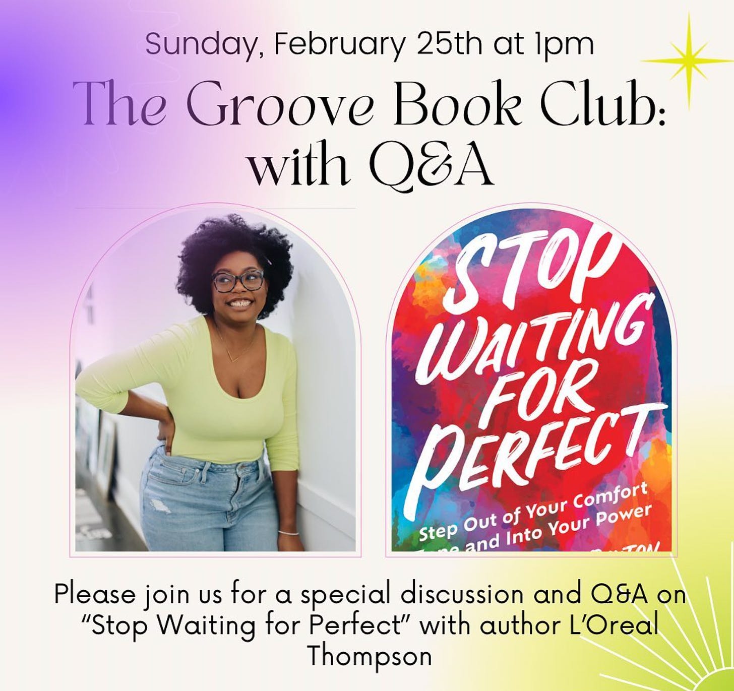 Infographic promoting a book club event on Sunday, Feb. 25 at The Groove in Chicago
