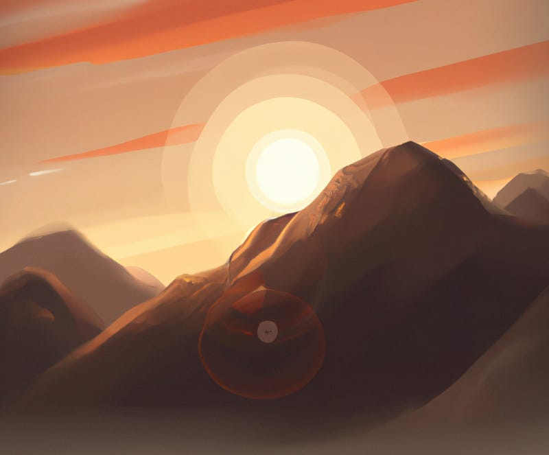 An illustration of the sun coming up over a mountain.