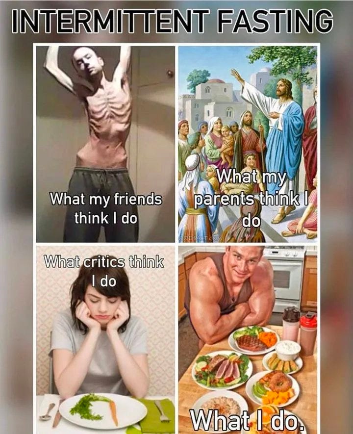 May be a meme of 9 people and text that says 'INTERMITTENT FASTING What my friends think| do Wmy parents-think think| do What critics think do What I do'