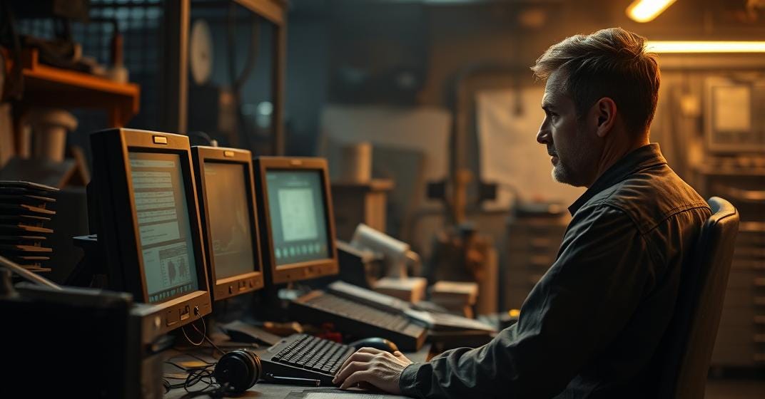 Ein Mann sitzt an einem Schreibtisch und arbeitet an einem Computer mit mehreren Monitoren.