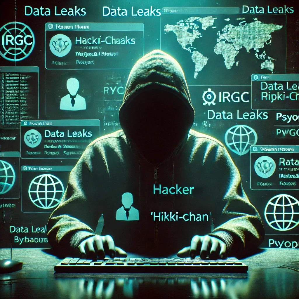 A 3D image of a shadowy figure sitting behind a computer, representing the hacker 'Hikki-Chan'. The figure's face is partially concealed, with digital hacker forum interfaces in the background. Floating around the figure are forum messages, usernames, and hacker-related symbols like code and icons of databases. In the background, symbols of data leaks and geopolitical elements are subtly visible, representing the IRGC affiliation and PsyOps. The lighting is dark with green and blue hues, creating a mysterious and deceptive atmosphere.