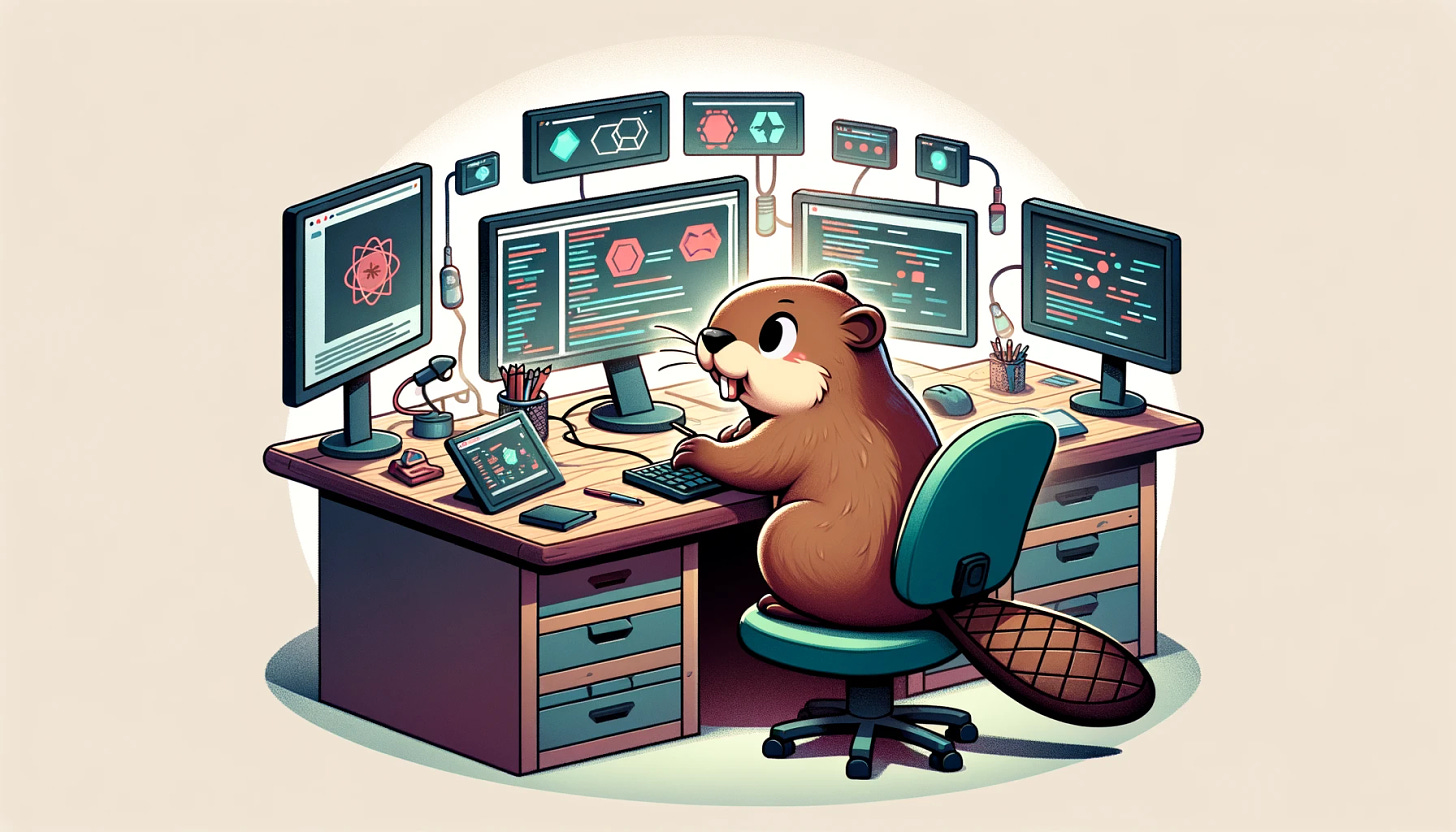 A cartoon-style illustration of a beaver character at a technology workstation, symbolizing the step of gaining experience in tech. The beaver is surrounded by monitors and tech equipment, but the screens show only abstract and symbolic graphics without any text or code. The scene conveys the idea of working on various tech-related tasks like open source projects and freelancing. The illustration is done in a whimsical style with a balanced color palette, maintaining consistency with the previous images in the series, and emphasizing the theme of skill development.