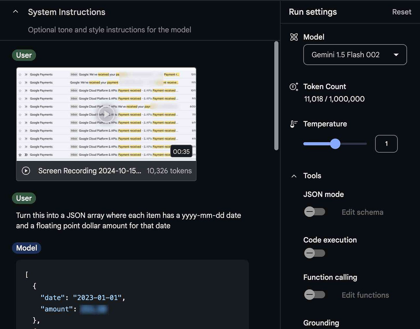 Screenshot of the Google AI Studio interface - I used Gemini 1.5 Flash 0002, a 35 second screen recording video (which was 10,326 tokens) and the token count says 11,018/1,000,000 - the screenshot redacts some details but you can see the start of the JSON output with date and amount keys in a list