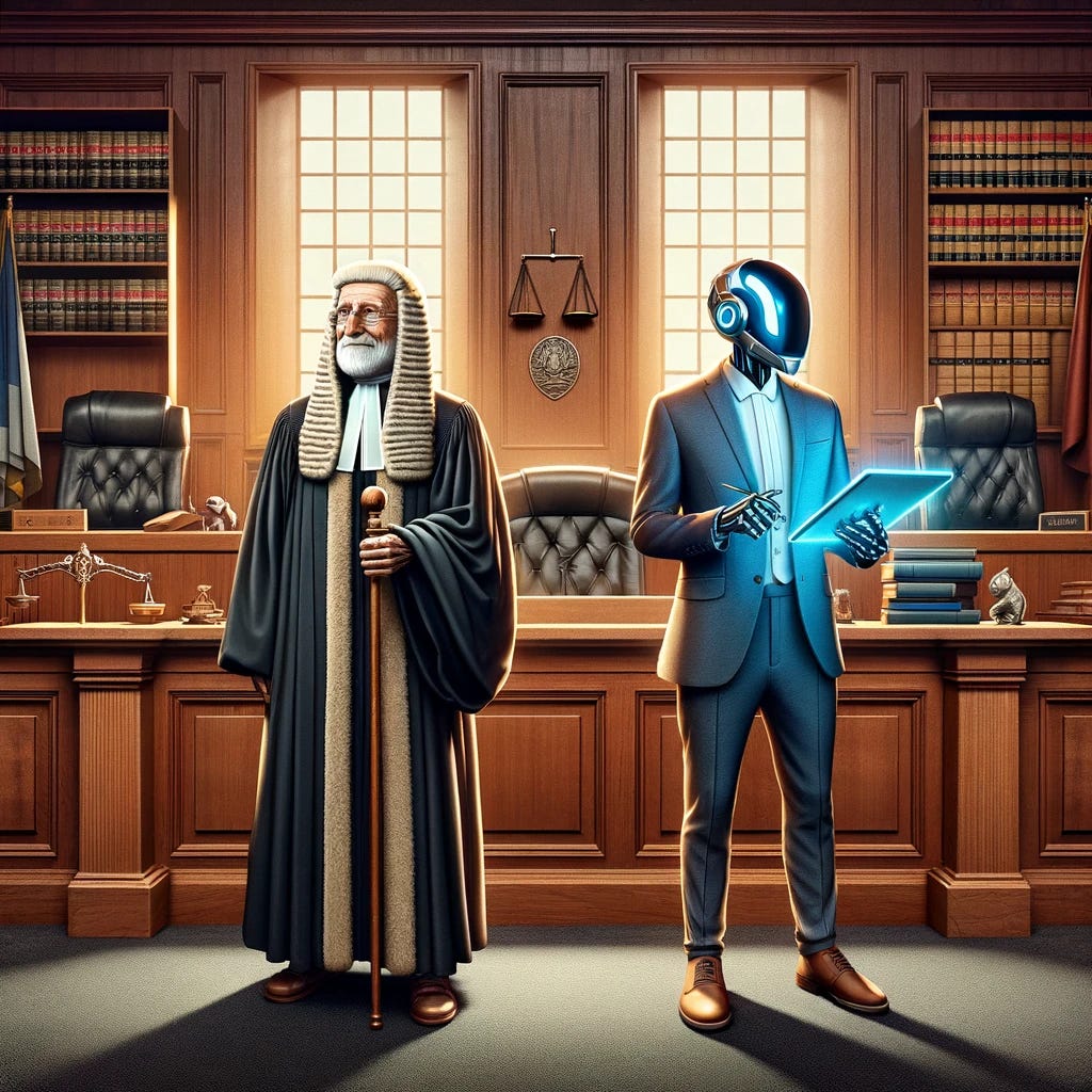 In a courtroom setting, traditionalism and progressivism are depicted as anthropomorphic characters. On the left, traditionalism is personified as a stately, elderly figure with classic robes and a scepter, embodying an old-world aesthetic. On the right, progressivism appears as a youthful, vibrant character with modern, sleek attire and a digital tablet, symbolizing innovation. The courtroom is detailed with wood paneling, a judge's bench, and legal books, emphasizing the contrast between old and new values in a judicial setting.