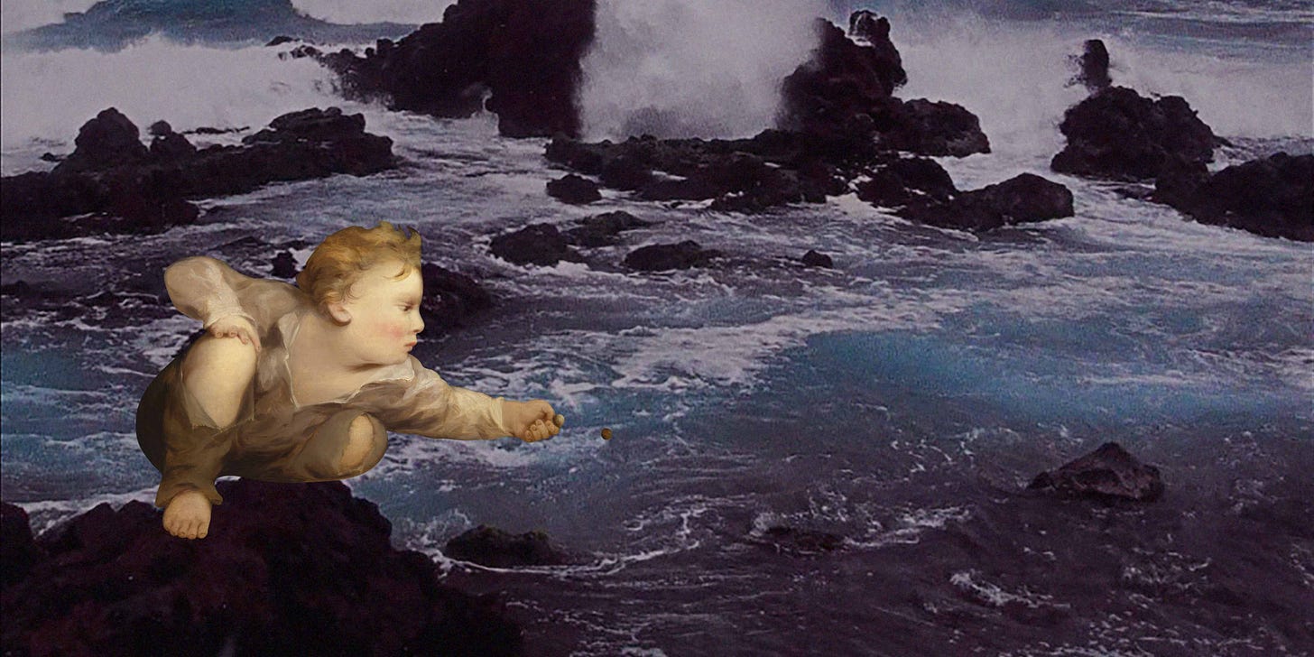 A collage of crashing waves with a small child throwing rocks