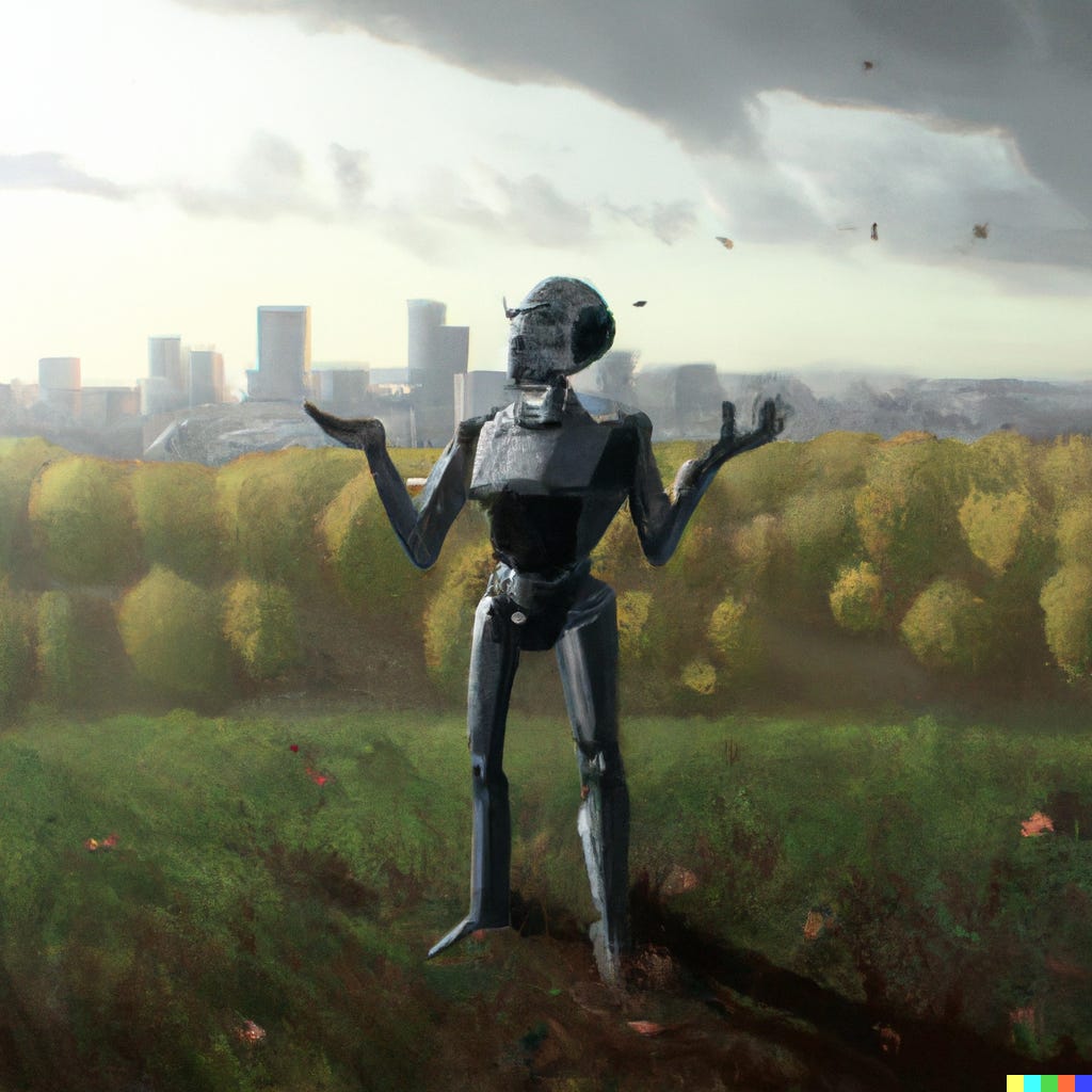 Robot and human hybrid standing on an evergreen field with cityscape on the background, post apocalyptic painting
