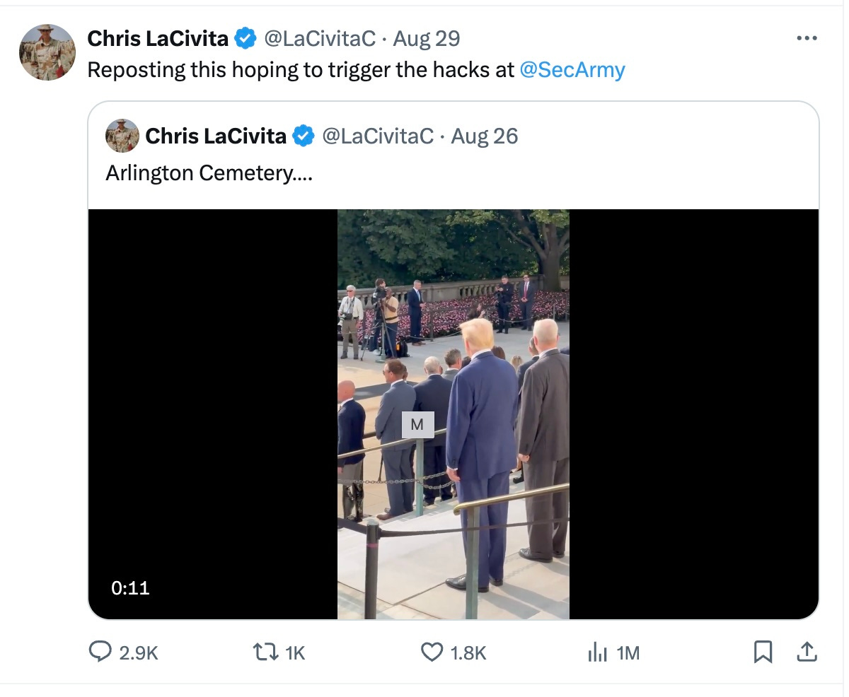 Chris LaCivita tweet: Reposting this hoping to trigger the hacks at SecArmy