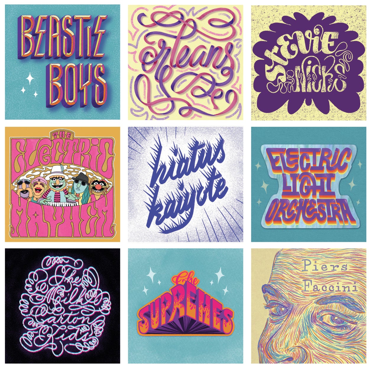 Les 9 premières illustrations lettrées représentant les groupes et musiciens suivants : Beastie Boys / Orleans / Stevie Nicks / The Electric Mayhem / Hiatus Kaiyote / The Electric Light Orchestra / The Milk Carton Kids / The Supremes / Piers Faccini