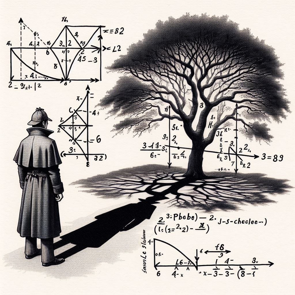 an AI generated image of sherlock holmes staring at a tree surrounded by math equations