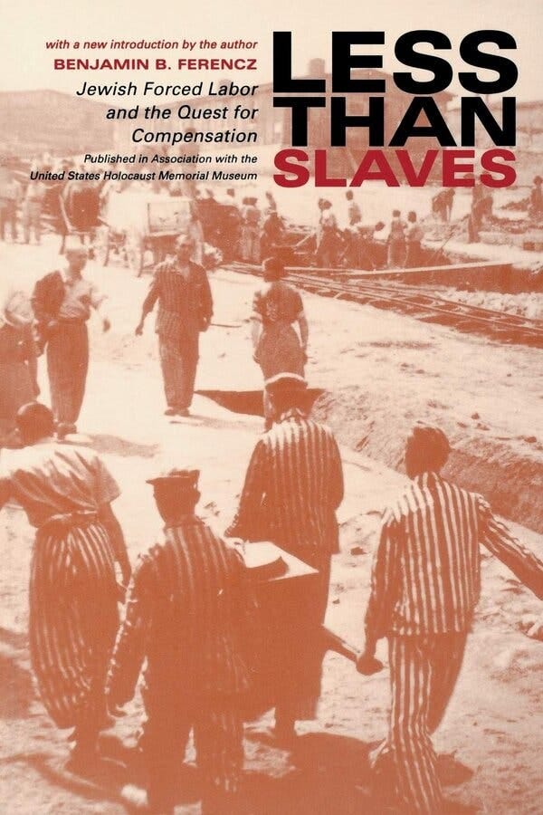 A book cover with a tinted photograph of men in striped uniforms doing heavy labor and the words “Less Than Slaves” in all capital letters, with the first two words in black and the third in red.
