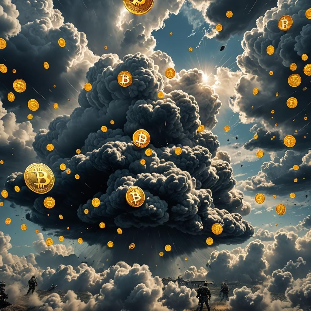 War Clouds vs. Clear Sky with Bitcoins: A visual composition with dark and threatening clouds symbolizing war and instability associated wit...