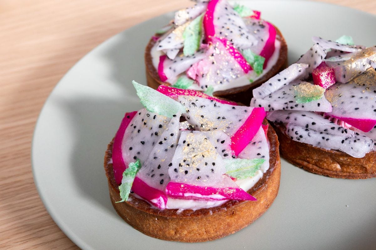 Three pastries with slices of dragonfruit on top from Le Dix-Sept in San Francisco’s Potrero Hill neighborhood.