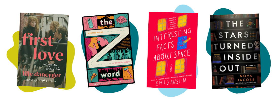 Book covers for First Love, The Z Word, Interesting Facts about Space, and The Stars Turned Inside Out