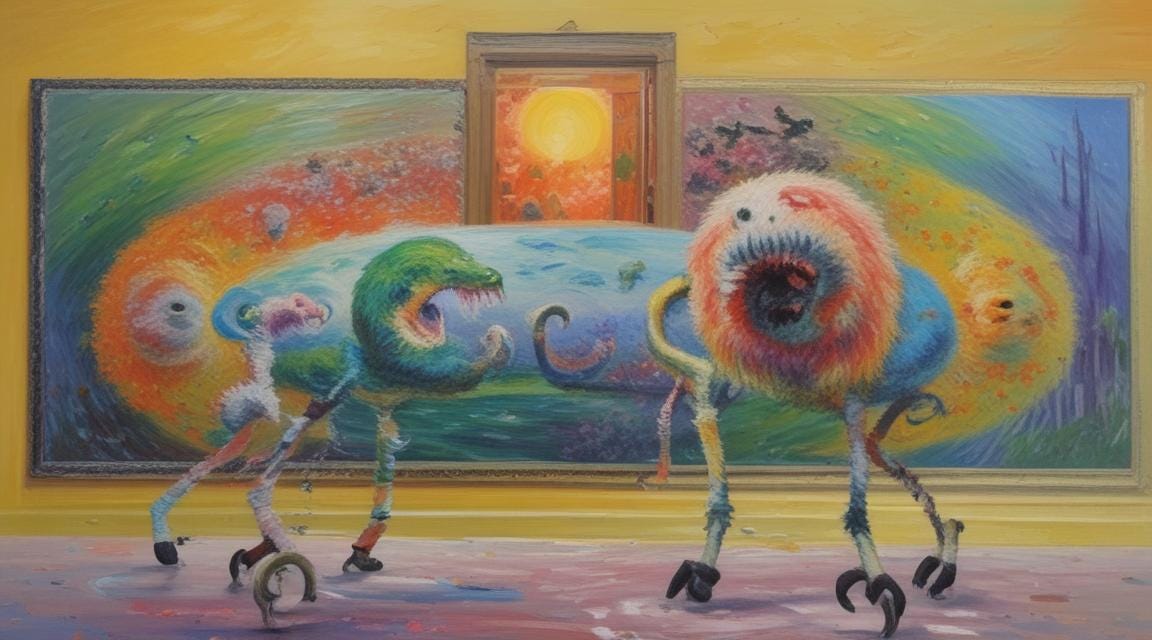 flamingo monsters in front of painting and water portal