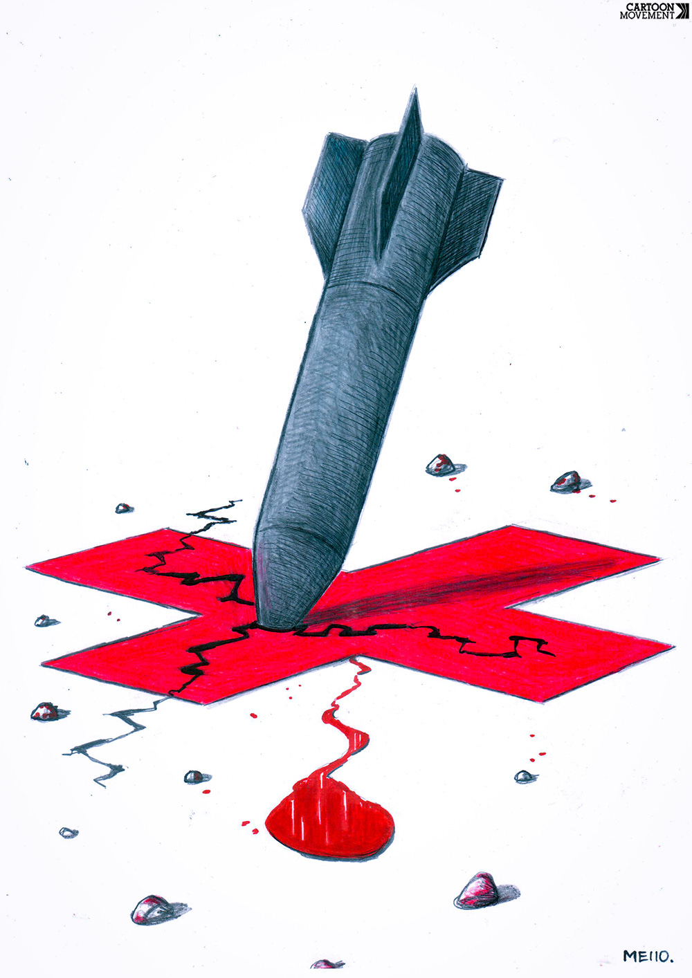 Cartoon showing a missile stuck in a Red Cross that is painted as a target on the ground. From the cracks in the ground where the missile has struck, a drop of blood emerges.