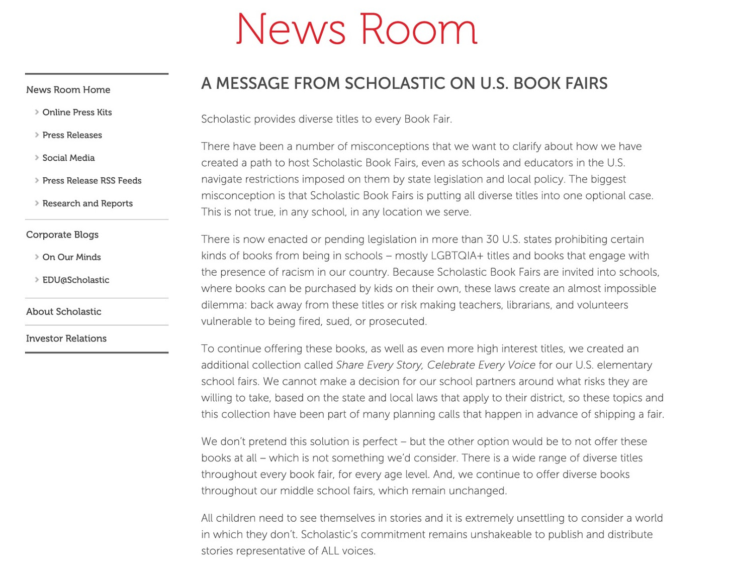 scholastic message posted about the diverse book case at book fairs.