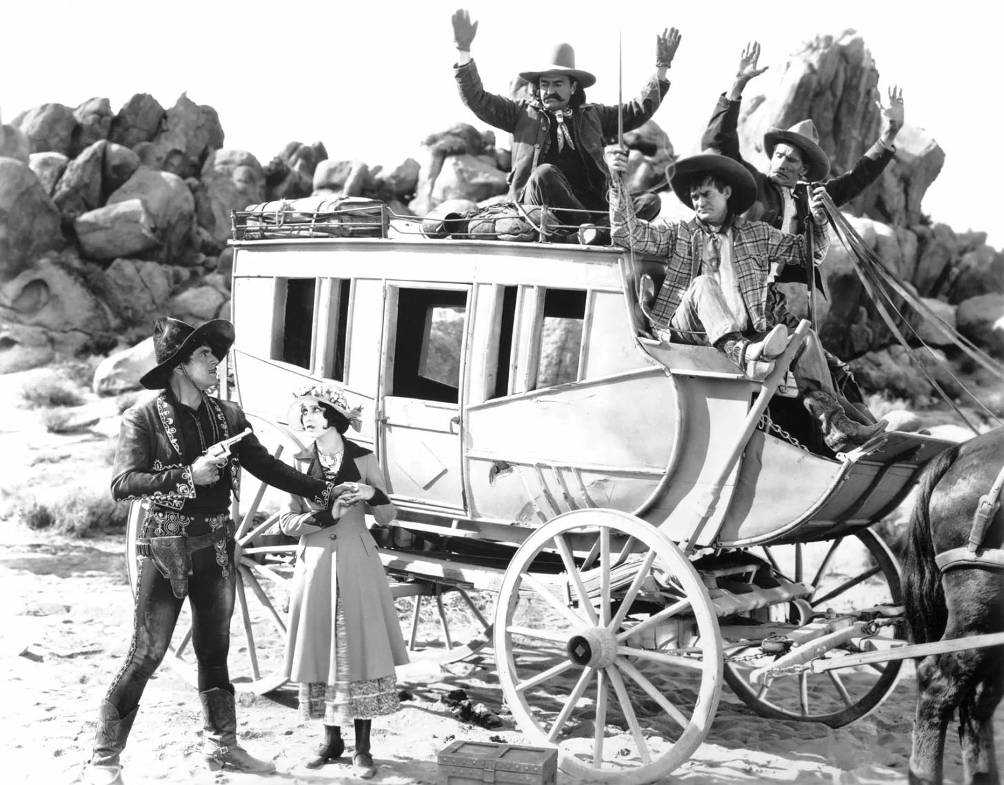 A still from the stagecoach robbery scene in In Old Arizona