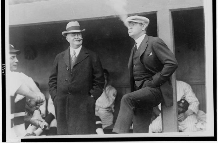 File:The "Babe" in a reflectice (sic) mode, snaped (sic) in the Wash (Washington, D.C.) dugout before the game-President Ban Johnson seems to enjoy the situation LCCN98502171.tif