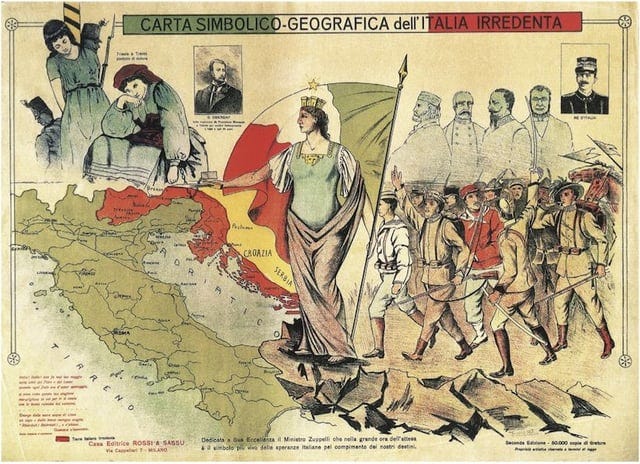 r/PropagandaPosters - Italian Irredentist poster showing a Greater Italy, 1910's.