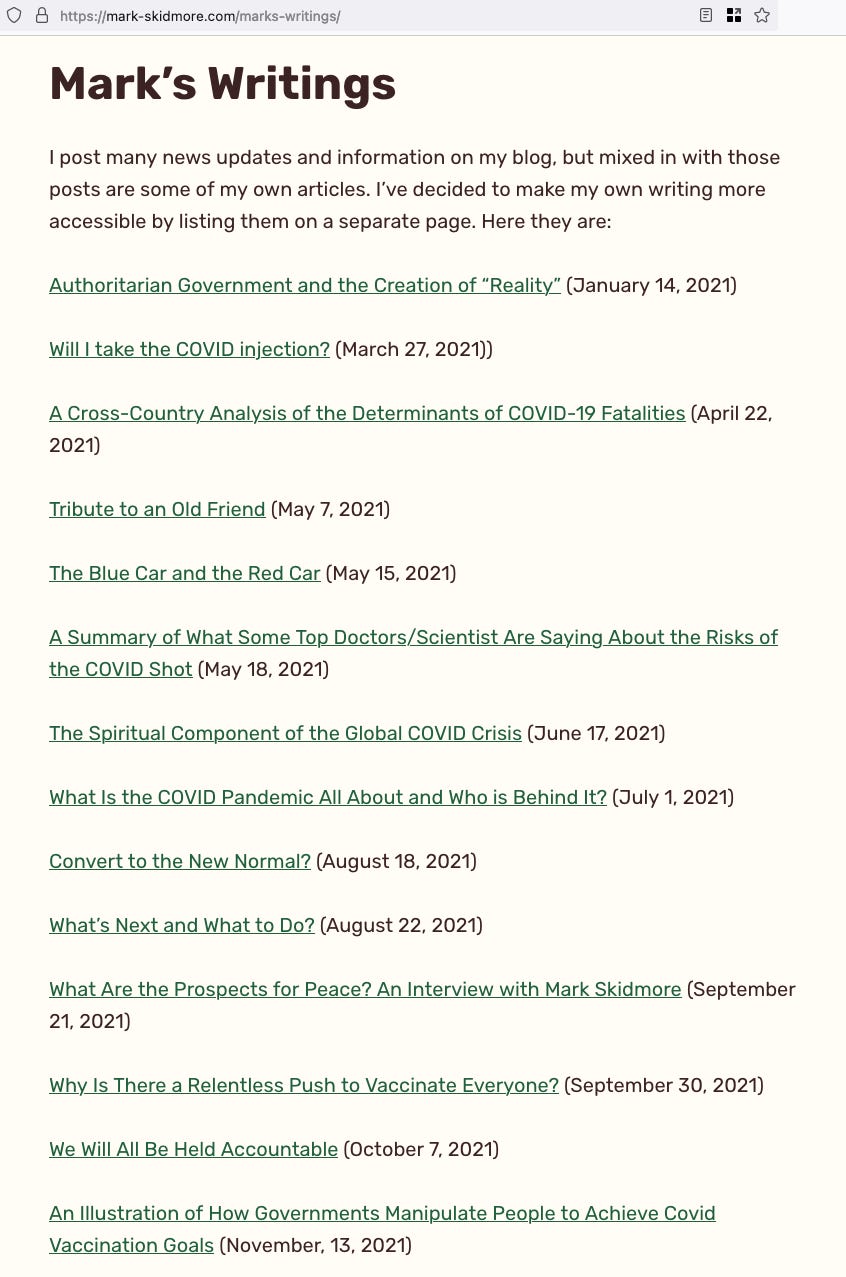 A screenshot of Mark Skidmore's website, showing a long list of crank writings.