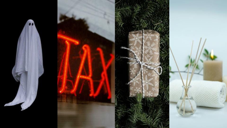 An image with four vertical images side by side of a ghost, a neon “tax” sign, a wrapped present in pine branches, and some spa paraphernalia on a white countertop