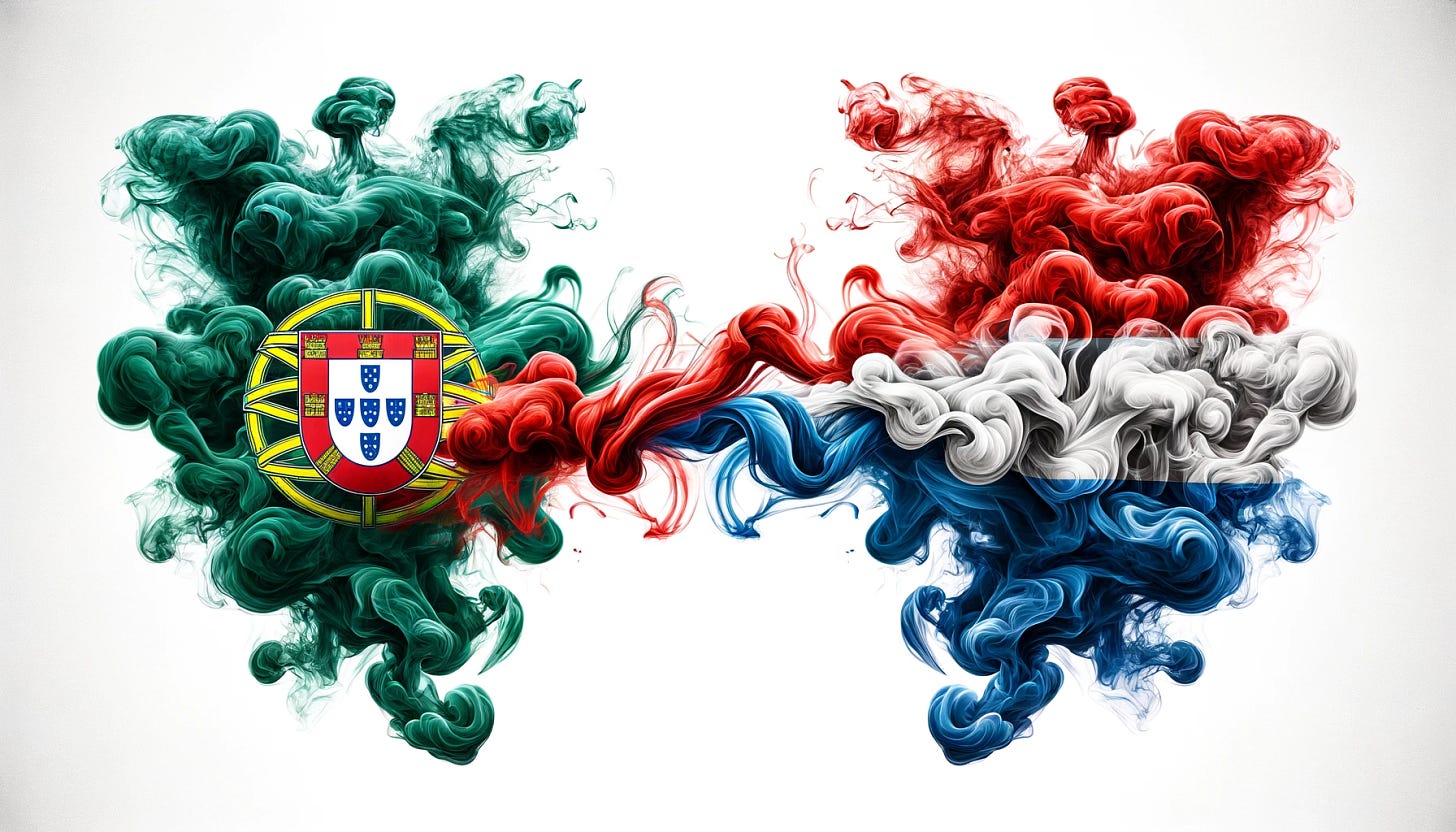 Create an image of two distinct and separate smoke clouds, one stylized in the colors of the Portuguese flag (green, red, yellow) and the other in the colors of the Netherlands flag (red, white, blue). The smoke clouds should be clearly separate and originating from opposite edges of the image, meeting and intertwining in a delicate and wispily clashing dance in the center. The design should have a sense of motion and conflict, with each flag represented by smoke that retains the fluidity and elegance of an ink wash painting, but with sharper, more defined edges to the clouds to reduce the 'blobby' look and emphasize the struggle for space between the two.