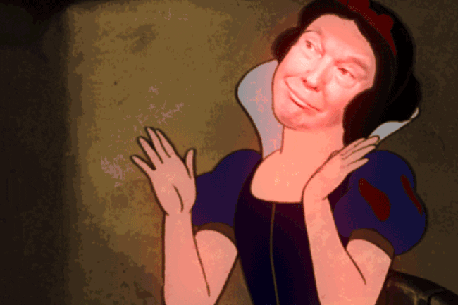 terrifying gif of Disney's Snow White clapping her hands, but with Trump's smirking face overlaid on the cartoon character's