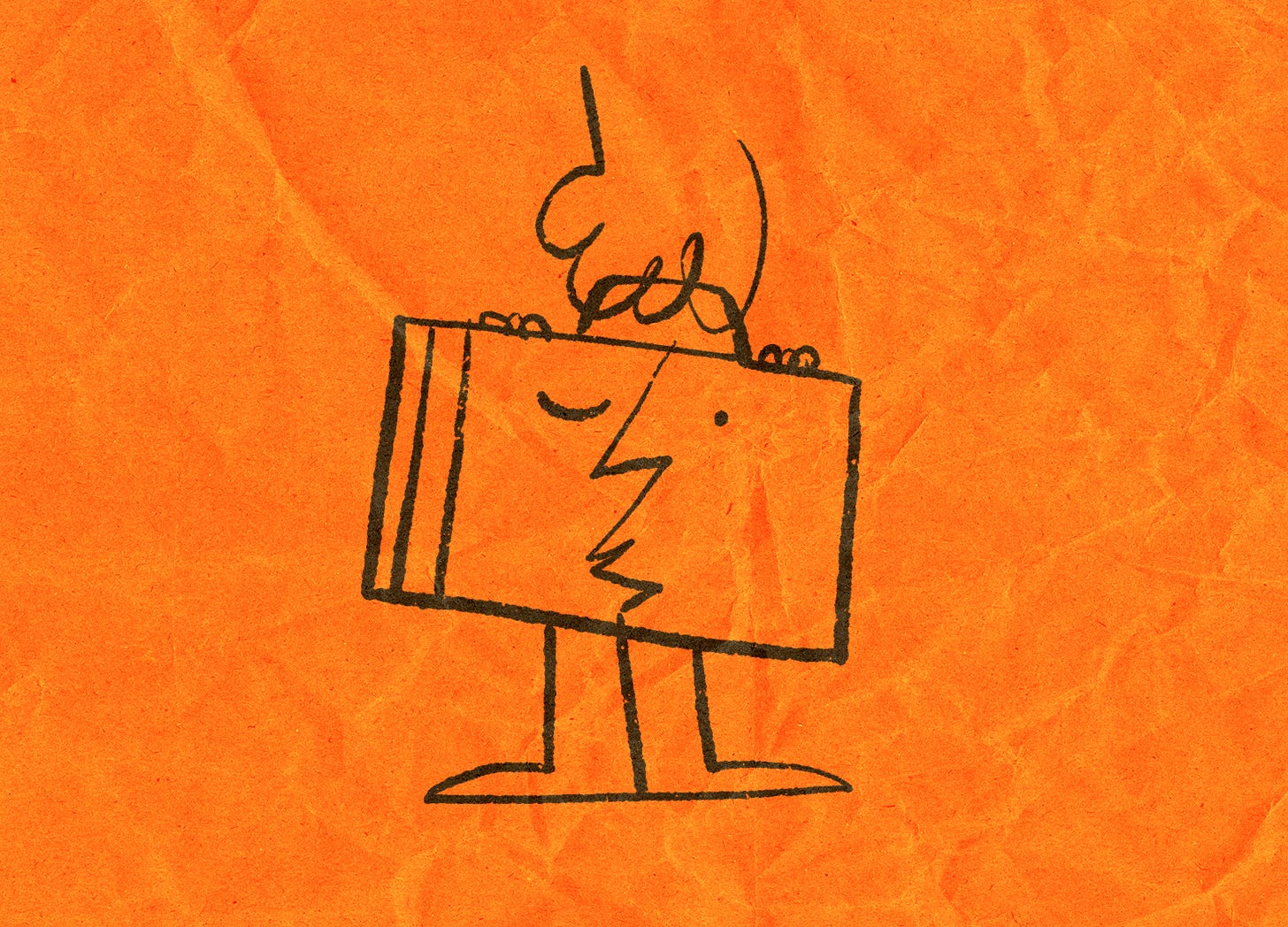 Illustration, in pencil, of a briefcase with a fece and legs being picked up by a hand, all set on a textured orange background