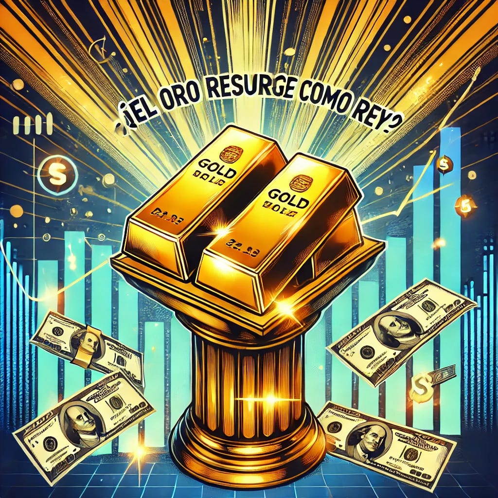 A vibrant, dynamic pop-art style illustration depicting gold bars shining brightly on a luxurious pedestal surrounded by dollar bills and glowing financial charts. The text '¿El oro resurge como rey?' is prominently displayed in bold, stylish lettering at the top. The background is a mix of radiant golden hues and blue, representing wealth and stability, with dynamic lines symbolizing market growth. The overall composition is sleek, modern, and conveys a sense of financial triumph.