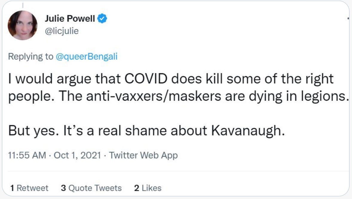 Julie Powell Tweet on Anti-Vaxxers/Maskers Dying