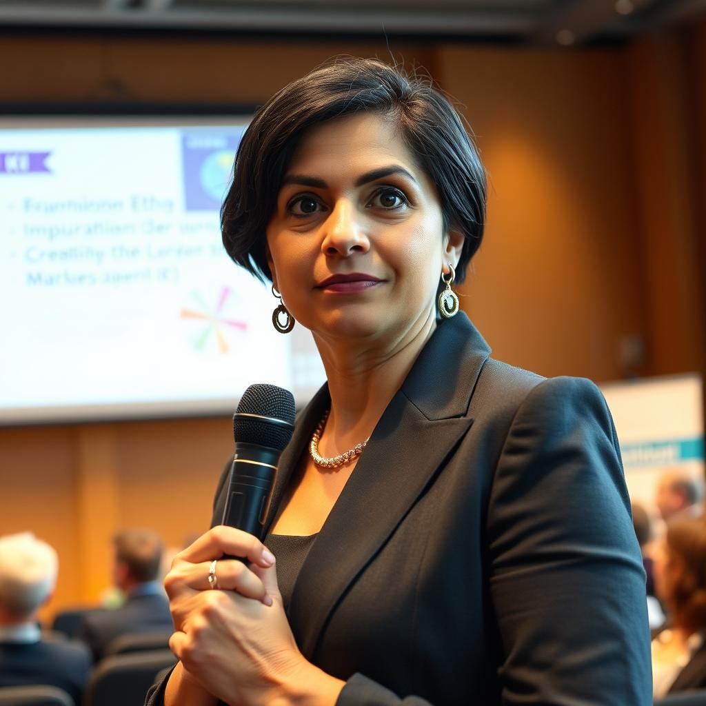 Businesswoman in dark suit holds microphone on stage in front of presentation slides