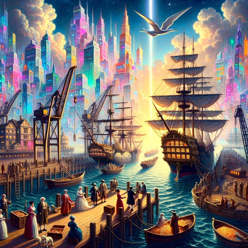 Baroque-inspired oil painting using cyberpunk colors. A harbor scene where ships, representing different national economies, dock to trade and collaborate. Cranes offload treasure chests filled with traditional wealth and digital assets. On the piers, diverse individuals negotiate, backed by a city that blends Baroque aesthetics with neon-lit financial districts. A lighthouse beams guiding principles for economic models, illuminating the path for Promethean Spirits to embark on their adventures with the right incentives.