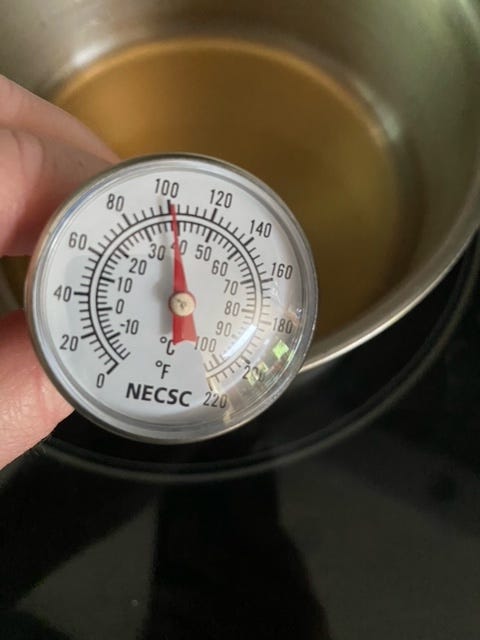 food thermometer showing 100F