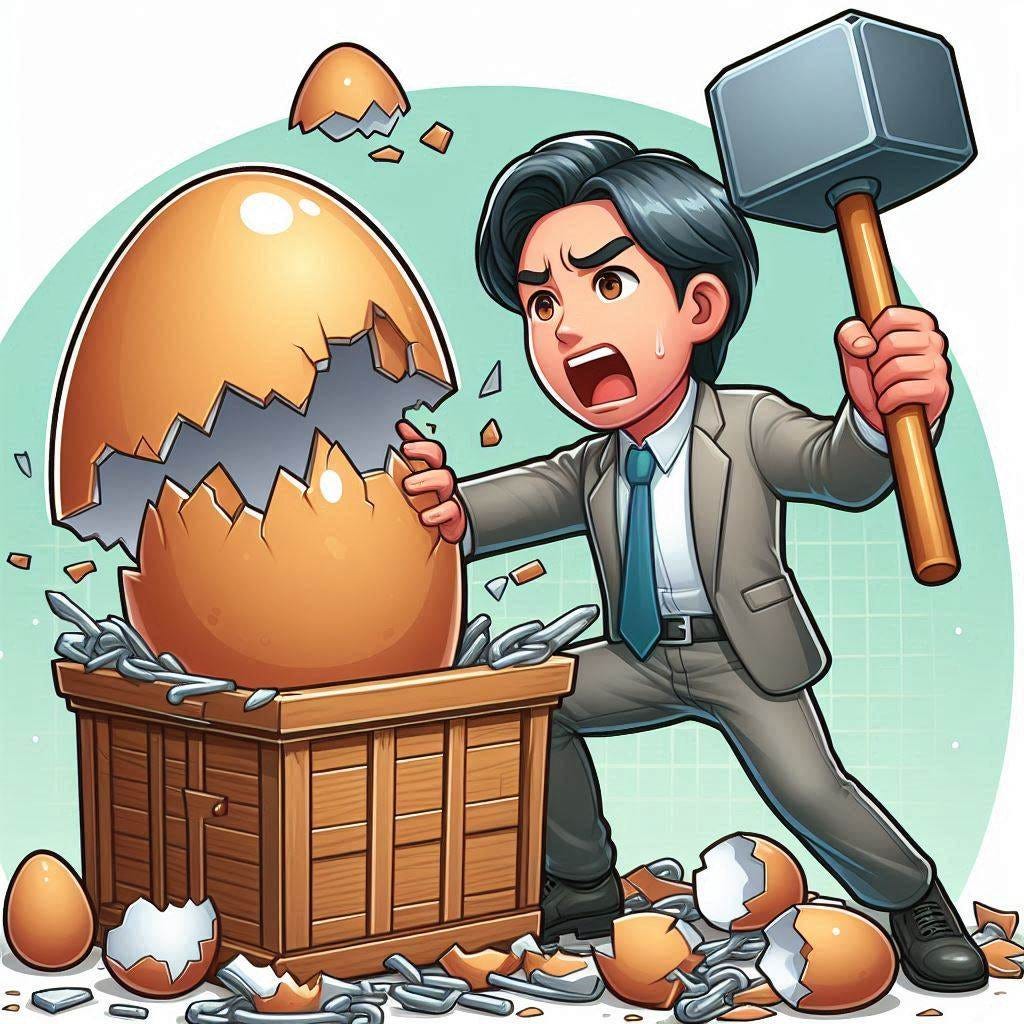 An Asian man cracking a giant silicon egg with a hammer, cartoon