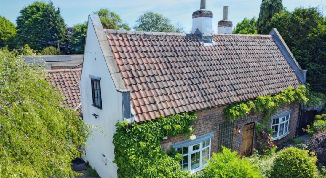 A white cottage with a brown roof surrounded by greenery
