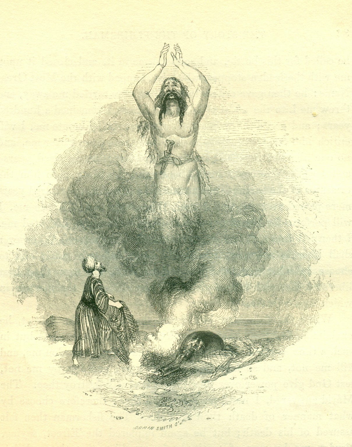 This is a print of a wood engraving. There is a large, very awe inspiring genie arising from smoke spilled from a bottle lying on its side on the ground. The genie has a sword in its sheath and is raising its arms to the sky. A small man in a striped robe, beard and turban looks up in awe at the genie, clutching a piece of cloth in his hands. There is a faint line of a boat and sea in the background.
