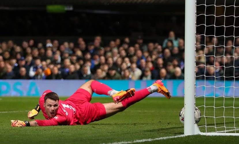 Watford goalkeeper Bachman watching helplessly as the ball hits his post