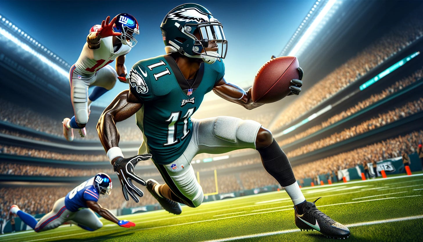 A dynamic sports scene depicting a black male wide receiver, wearing the number 11 jersey of the Philadelphia Eagles, with a clear visor on his helmet. He's making an impressive catch over a player from the New York Giants, who is in their classic-style jersey. The action is set on a vibrant football field, capturing the intensity of the moment with the stadium filled with fans in the background. Emphasize the athleticism and concentration of the wide receiver, as well as the competitive atmosphere of the game.