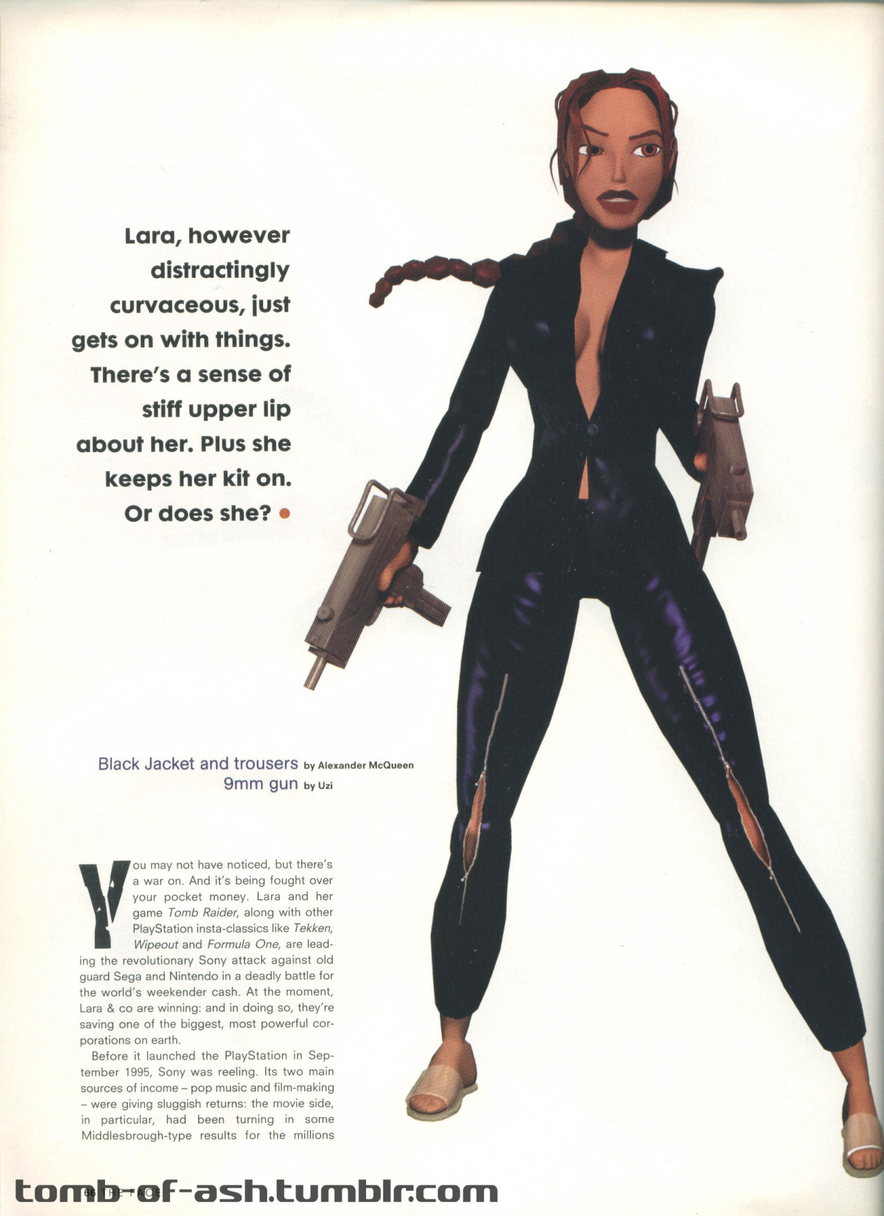 A scan of a page from a Lara Croft feature in British magazine The Face, which shows Lara modeling a designer outfit that probably is not very good for tomb raiding.