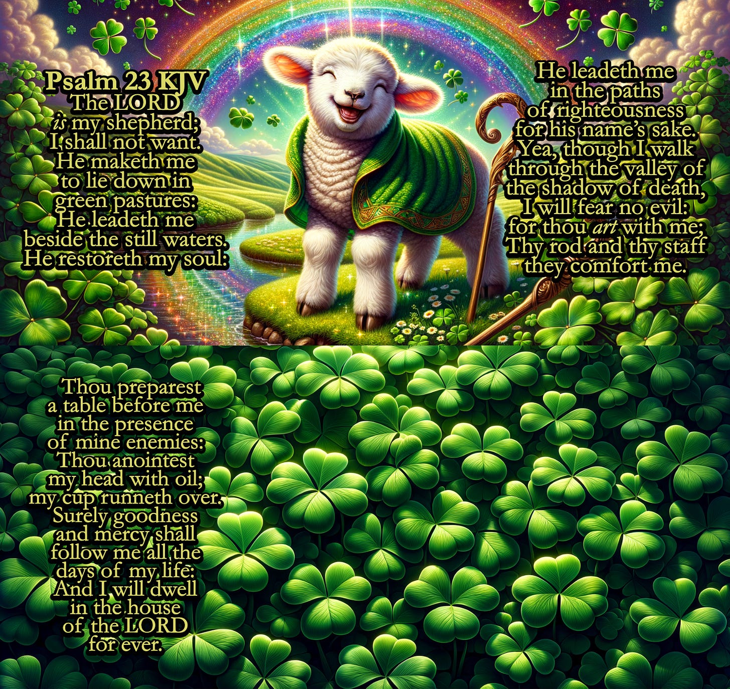 This is a vibrant and detailed image with multiple elements that combine both graphic and text elements to create a harmonious composition.  At the center, there is an anthropomorphic lamb standing on its hind legs, facing the viewer with a joyful expression, eyes closed, and a wide smile. The lamb is wearing a green cloak with intricate golden designs that suggest a luxurious texture. The cloak drapes over the lamb's back and appears soft and velvety.  The lamb is positioned on a mossy rock surrounded by lush greenery. The greenery is predominantly composed of shamrocks, with their leaves in sets of three, which cover the bottom third of the image densely. The shamrocks have a gradient of green shades, giving them a natural and three-dimensional look.  Behind the lamb, there is a radiant, circular rainbow that creates a halo effect. The rainbow is a spectrum of colors, transitioning smoothly from one to the next, and it adds a magical or divine quality to the scene.  The background depicts a pastoral landscape with rolling green hills under a bright blue sky filled with fluffy clouds. The hills are dotted with trees, and the sky gradient suggests it might be early morning or late afternoon.  Overlaying the image are sections of text, which appear to be an excerpt from Psalm 23 from the King James Version of the Bible. The text is arranged in an arch around the top and sides of the image, framing it. It is presented in a stylized, decorative font that resembles traditional calligraphy, enhancing the spiritual theme of the artwork.  The color palette is rich in greens and blues, with highlights of gold from the cloak and the text, which lends the image a peaceful and uplifting atmosphere. The overall effect is one of tranquility and comfort, likely designed to evoke the themes of guidance and protection referenced in the Psalm.