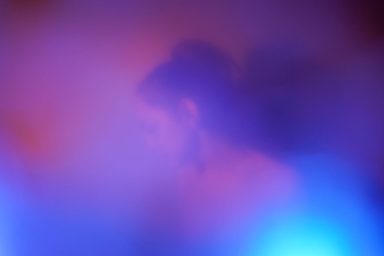 Portrait of a person (me) mostly obscured by a dreamy haze of colored lights. The person has their hair in a topknot and is looking away from the camera. Their eyes are closed.