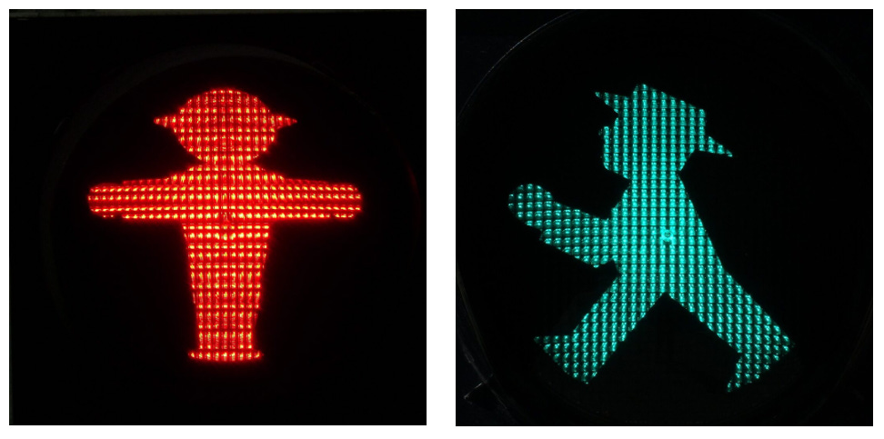 Squat illuminated red and green crossing figures