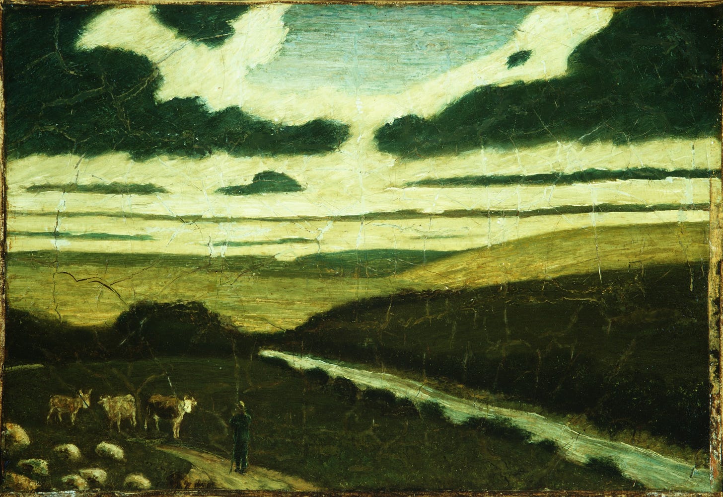 A painting of a man tending cows on a vast, dark landscape.