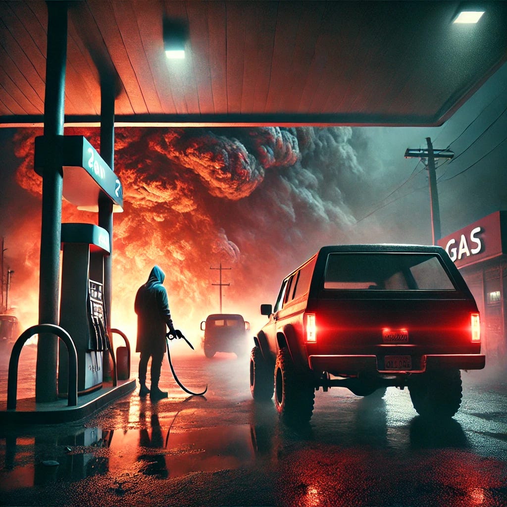 A dramatic, cinematic illustration of a lone figure standing close to their car at a gas station during the daytime, fueling up while an intense apocalyptic scene unfolds around them. The person is near the vehicle, with the fuel nozzle clearly and realistically inserted into the car’s gas tank. The brake lights are on, casting a red glow that contrasts with the dark, smoke-filled sky. Fires rage in the distance, sending plumes of thick, heavy smoke into the air, forming a towering wall of chaos on the horizon. The gas station itself is eerily empty, with abandoned vehicles scattered around, hinting that something catastrophic has already begun. The wind carries dust and debris through the air, making the scene feel unsettled. The figure appears contemplative, sensing an impending catastrophe but going through the motions of an ordinary task. The scene evokes a feeling of unease, suspense, and impending doom.