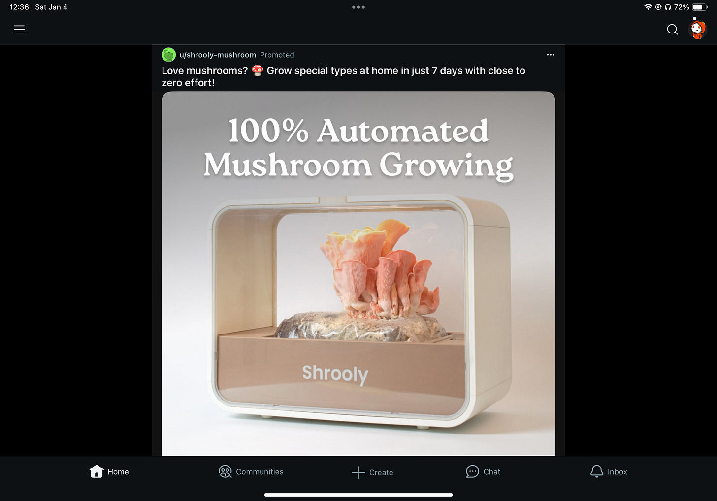 An ad for Shrooly, a mushroom growing chamber, on Reddit.