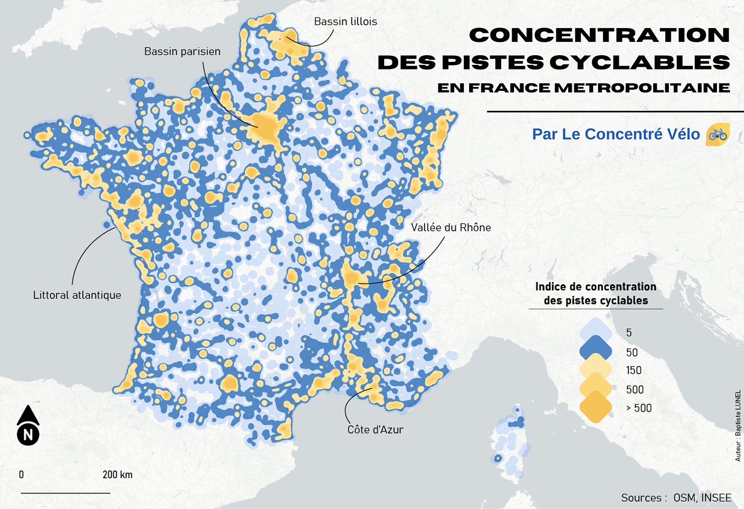 Carte de chaleur des pistes cyclables en France
