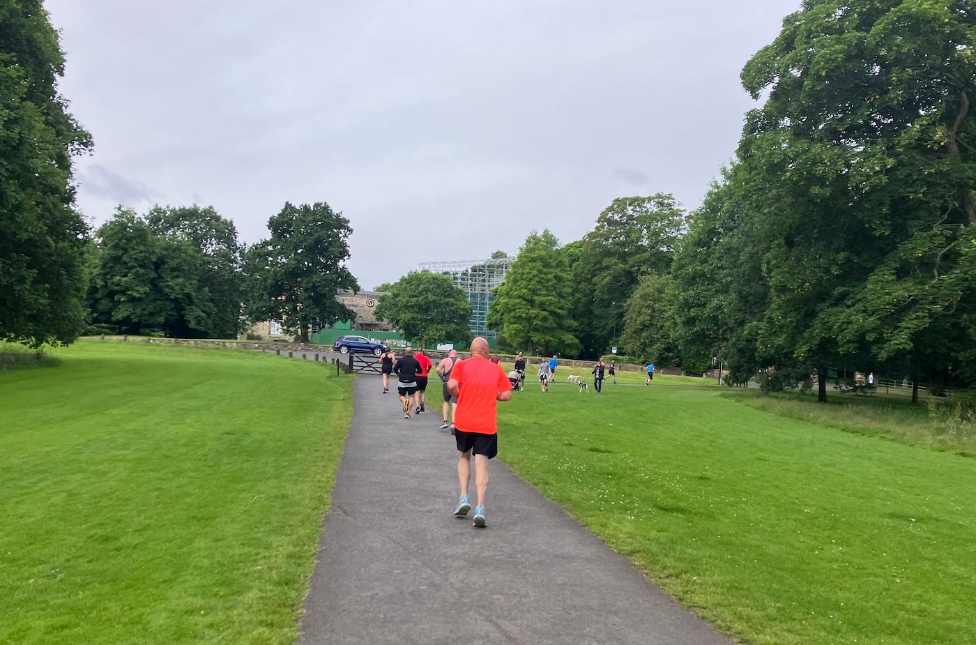 Running on a path bordered by grass