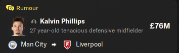 An FM24 news item showing Kalvin Phillips moving from Manchester City to Liverpool for £76 million.