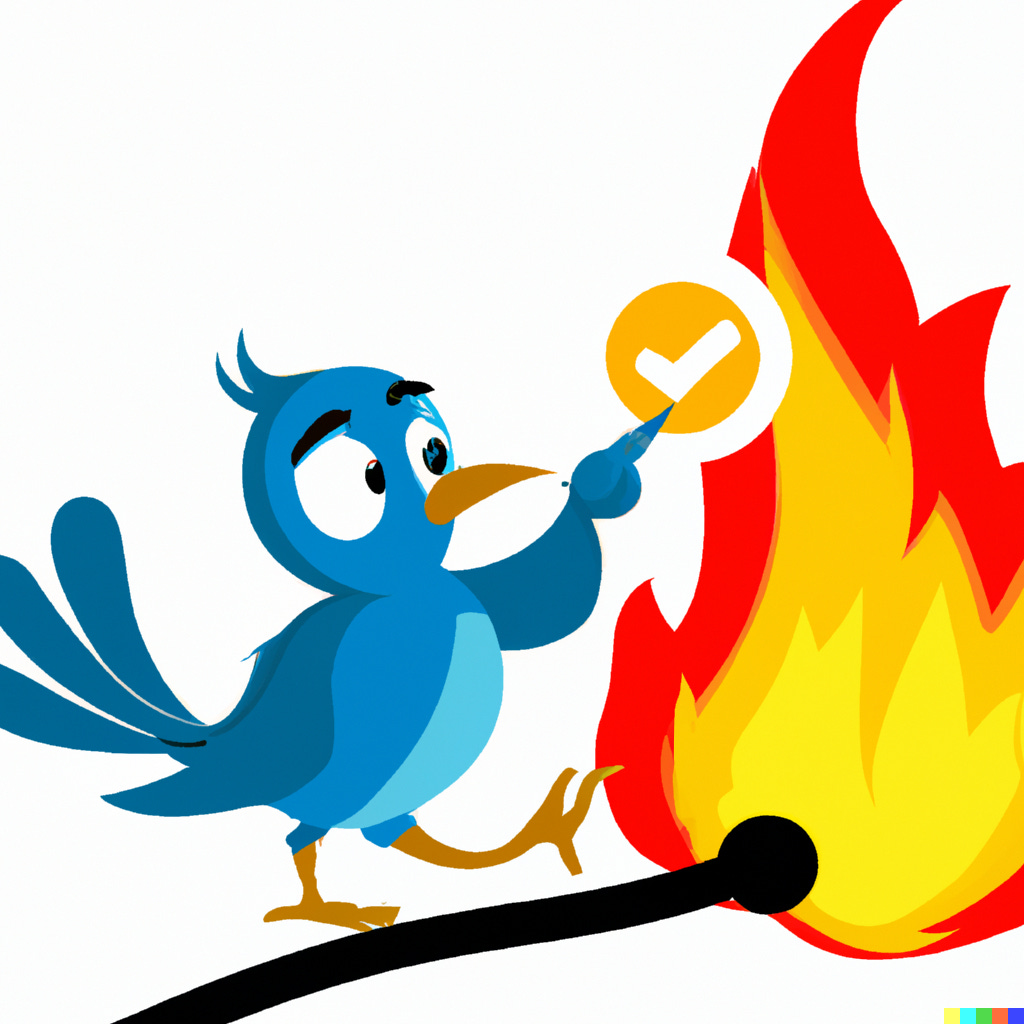 “blue bird setting a checkmark on fire, cartoon style” / DALL-E