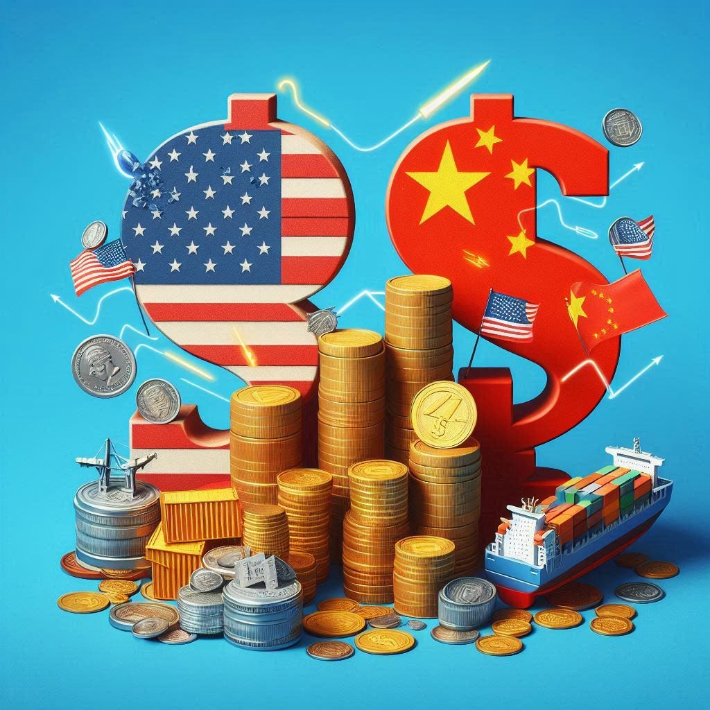 Una imagen imaginativa que represente los aranceles entre EE. UU. y China, con elementos como monedas, contenedores de carga, banderas y un toque creativo para ilustrar la tensión económica.